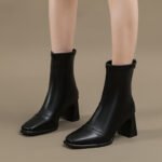 zipper soft leather high heel elastic slim boots