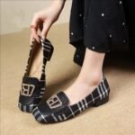 British women's square toe houndstooth pattern fabric metal buckle rhinestone boat shoes