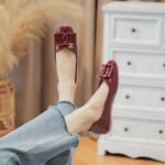 New Style Flat Black Small Fragrance Square Toe Shoes Patent Leather Shallow Mouth Shoes Soft Sole Plaid Bean Shoes - Image 3
