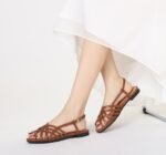 Women Summer Flat Soft Sole French Fashion Single Strap Low Heel Hollow Peep-Toe Shoes