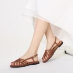 Women Summer Flat Soft Sole French Fashion Single Strap Low Heel Hollow Peep-Toe Shoes