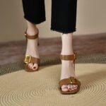 New Summer Style Retro Style with Skirt, High Heels, Brown Thick Heel Buckle Sandals, Fairy Style - Image 2