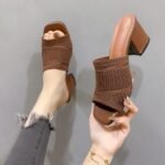 one-word drag thick heel knitted wool high heel square sandals - Image 3