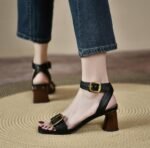 New Summer Style Retro Style with Skirt, High Heels, Brown Thick Heel Buckle Sandals, Fairy Style