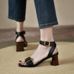 New Summer Style Retro Style with Skirt, High Heels, Brown Thick Heel Buckle Sandals, Fairy Style