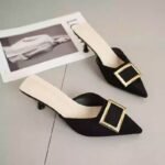 Women's summer mules with square buckle, suede, pointed toe, mid-heel, stiletto heel, low-cut, low-cut. - Image 3