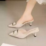 Women's summer mules with square buckle, suede, pointed toe, mid-heel, stiletto heel, low-cut, low-cut. - Image 4