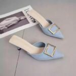 Women's summer mules with square buckle, suede, pointed toe, mid-heel, stiletto heel, low-cut, low-cut. - Image 2