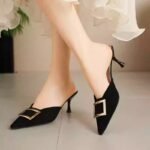 Women's summer mules with square buckle, suede, pointed toe, mid-heel, stiletto heel, low-cut, low-cut.