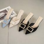 Women's summer mules with square buckle, suede, pointed toe, mid-heel, stiletto heel, low-cut, low-cut. - Image 5