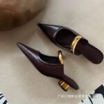 Simple Pointed Mueller Slippers Women's French Style Thick Heel Mid-Heel Half Slippers Metal Toe Sandals Half Row - Image 4