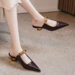Simple Pointed Mueller Slippers Women's French Style Thick Heel Mid-Heel Half Slippers Metal Toe Sandals Half Row - Image 2