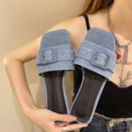 new summer square toe beach shoes all-match denim blue square buckle flat shoes - Image 6