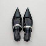 Simple Pointed Mueller Slippers Women's French Style Thick Heel Mid-Heel Half Slippers Metal Toe Sandals Half Row - Image 6