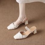 New Summer Stylish Outdoor Fashion Mid-Heel Closed-Toe Half Slippers with Chunky Square Heels