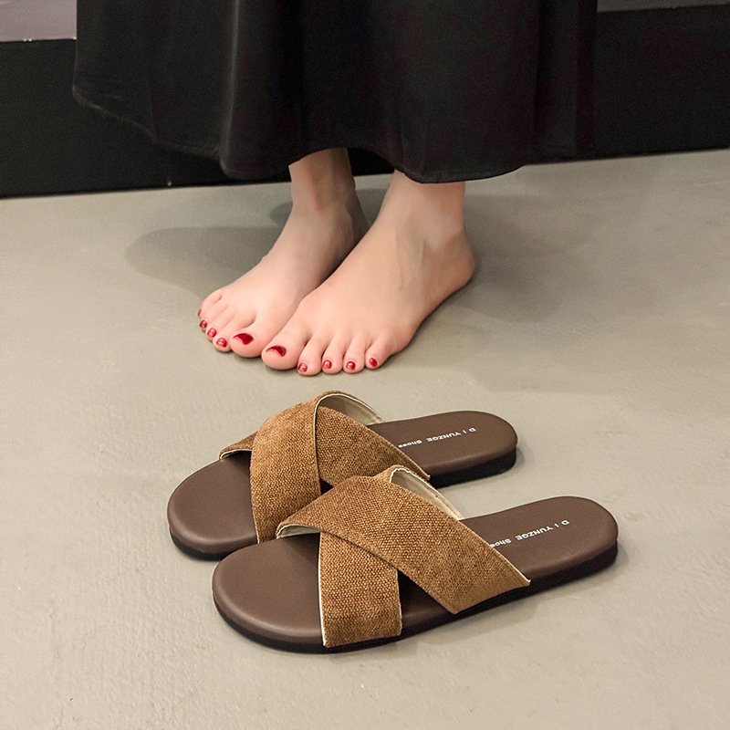 O1CN01uh2eyr2A5DSwEjwTo_!!2218595198151-0-cib Cross-Strap Linen Slippers for Women, Summer New Style, Retro Casual Sandals, Vacation Seaside Beach Flat Sandals - Image 1
