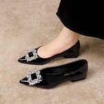 Shallow Patent Leather Low-Heeled Rhinestone High Heels That Are Comfortable