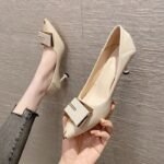 French High Heels, Elegant Soft Leather, Non-Abrasive, Stiletto Heel, Pointed Toe, Office Shoes, Square Buckle, Low Heel, Women's Single Shoes - Image 2