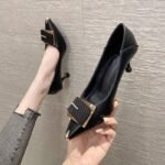 French High Heels, Elegant Soft Leather, Non-Abrasive, Stiletto Heel, Pointed Toe, Office Shoes, Square Buckle, Low Heel, Women's Single Shoes