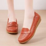 2026 Spring New Hollow Leather Shoes Middle-Aged and Elderly Ladieswear's Shoes Women's Single Shoes Beanie Shoes Women's Real Soft Sole Wedge Heels - Image 2