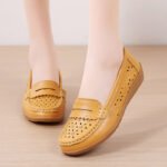 2026 Spring New Hollow Leather Shoes Middle-Aged and Elderly Ladieswear's Shoes Women's Single Shoes Beanie Shoes Women's Real Soft Sole Wedge Heels