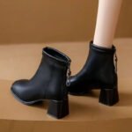37-38 SIZE square head rear zipper high heel slim boots - Image 4