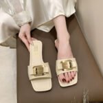 41 SIZE Casual flat slippers for women Metal buckle one-strap sandals for women