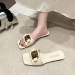 41 SIZE Casual flat slippers for women Metal buckle one-strap sandals for women - Image 2