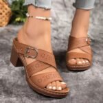 37 SIZE BROWN European and American hollow thick heel Roman sandals
