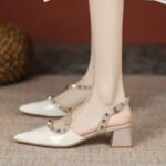 French-Style Chunky Heel Closed-Toe Sandals for Women, 2026 Summer New Fashion Pointed Toe Studded Soft Leather Mid-Heel Backless Shoes - Image 2