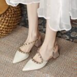 French-Style Chunky Heel Closed-Toe Sandals for Women, 2026 Summer New Fashion Pointed Toe Studded Soft Leather Mid-Heel Backless Shoes