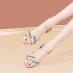Women's Sandals Summer 2026 Open-Toe Soft Leather Strap with Rhinestones Buckle High Chunky Heel Versatile Peep-Toe Style - Image 6