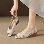 Summernew arrival sandals for women summer thick heel soft bottom ladieswear shoes medium heel soft leather fish mouth shoes plaid women's high heel sandals - Image 2